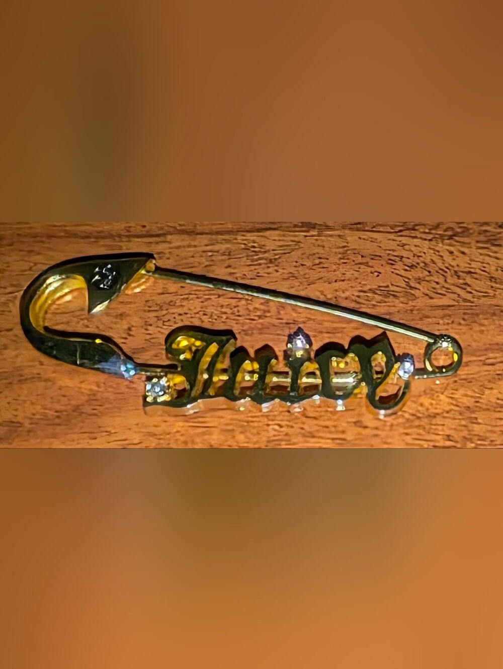 Vintage Juicy Couture Brooch/Purse Pin w. 3 Rhinestones, Gold Tone, 9cm